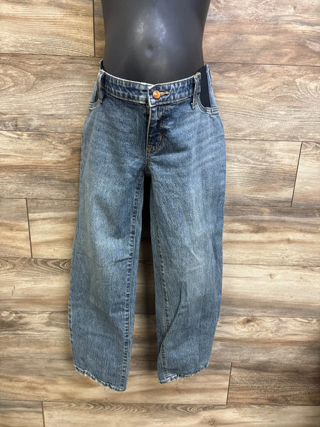 Front view of Isabel maternity straight blue jeans on black mannequin with side elastic panels, raw hem, straight legs on wood background
