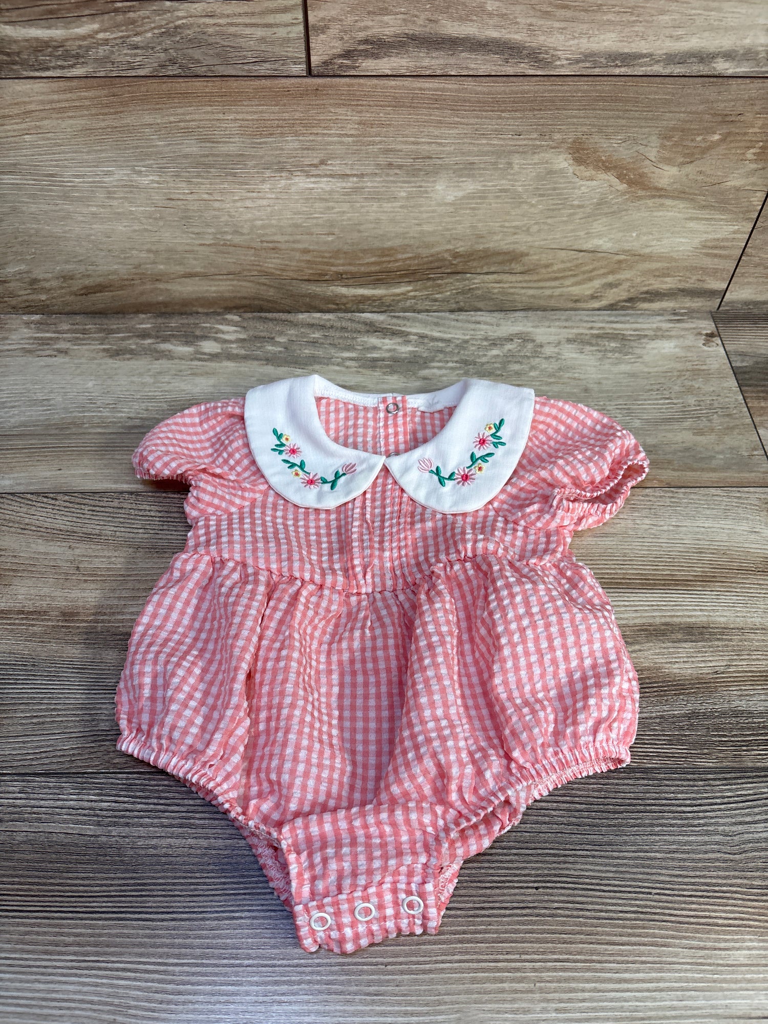 Shein Gingham Embroidered Collar Bubble Romper Pink sz 6-12m