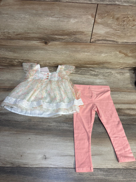 Flat lay of Catherine Malandrino 2pc set showcasing floral lace top in ivory and pink leggings on wood plank floor