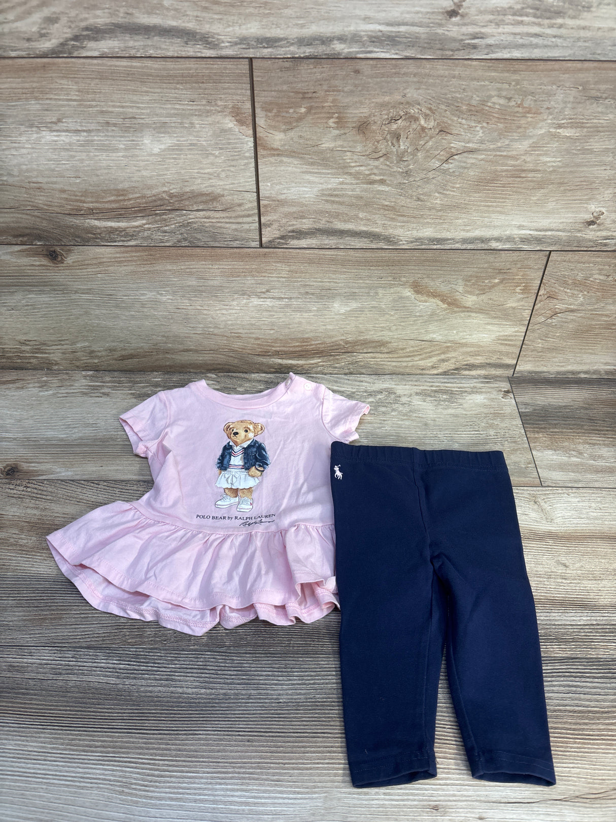 Ralph Lauren 2pc Polo Bear Peplum Top & Leggings Set Pink sz 9m