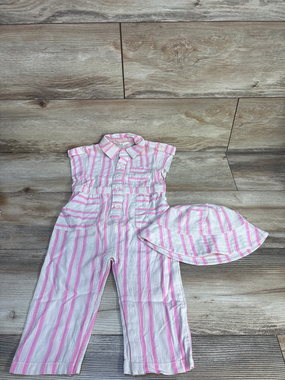 Jessica Simpson 2pc Striped Jumpsuit & Bucket Hat Set Ivory sz 24m