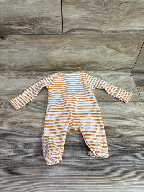 Front view of Just One You Little Brother striped sleeper with white and orange stripes, long sleeves, and enclosed feet