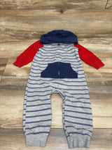Front view of Carter’s hooded coverall showcasing gray and navy stripes, red sleeves, and a front pouch pocket on a wooden background