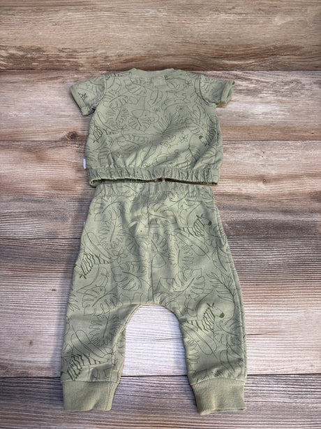 Green baby outfit set with leaf and zebra print on wooden background