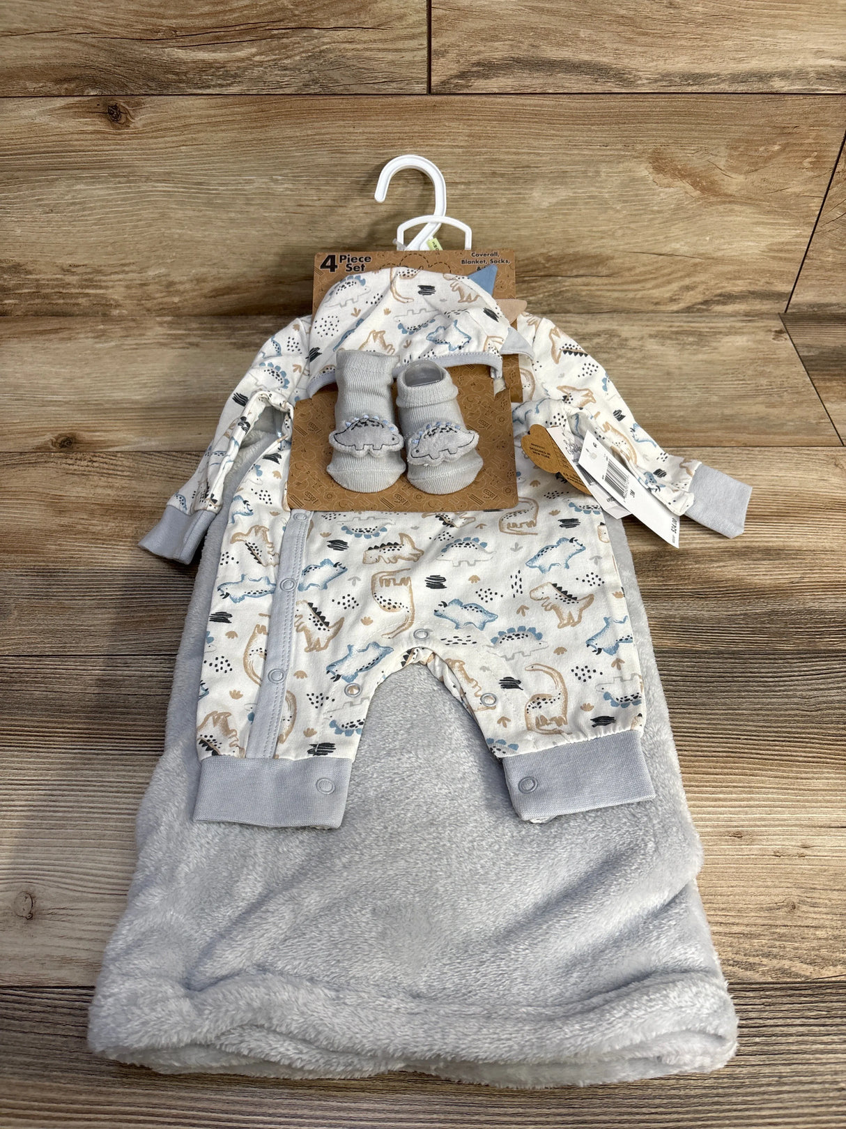NEW Baby Essentials 4pc Dinosaur Coverall & Blanket Set White sz 3m