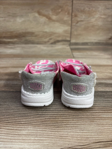 Rear view of Hey Dude Wendy Funk cowgirl bling slip-on sneakers showcasing silver glitter heels, pink lining, and white soles
