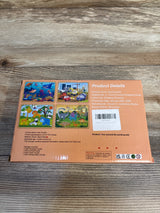 Box of wooden kids puzzles featuring ocean, transportation, animal, and dinosaur themes.