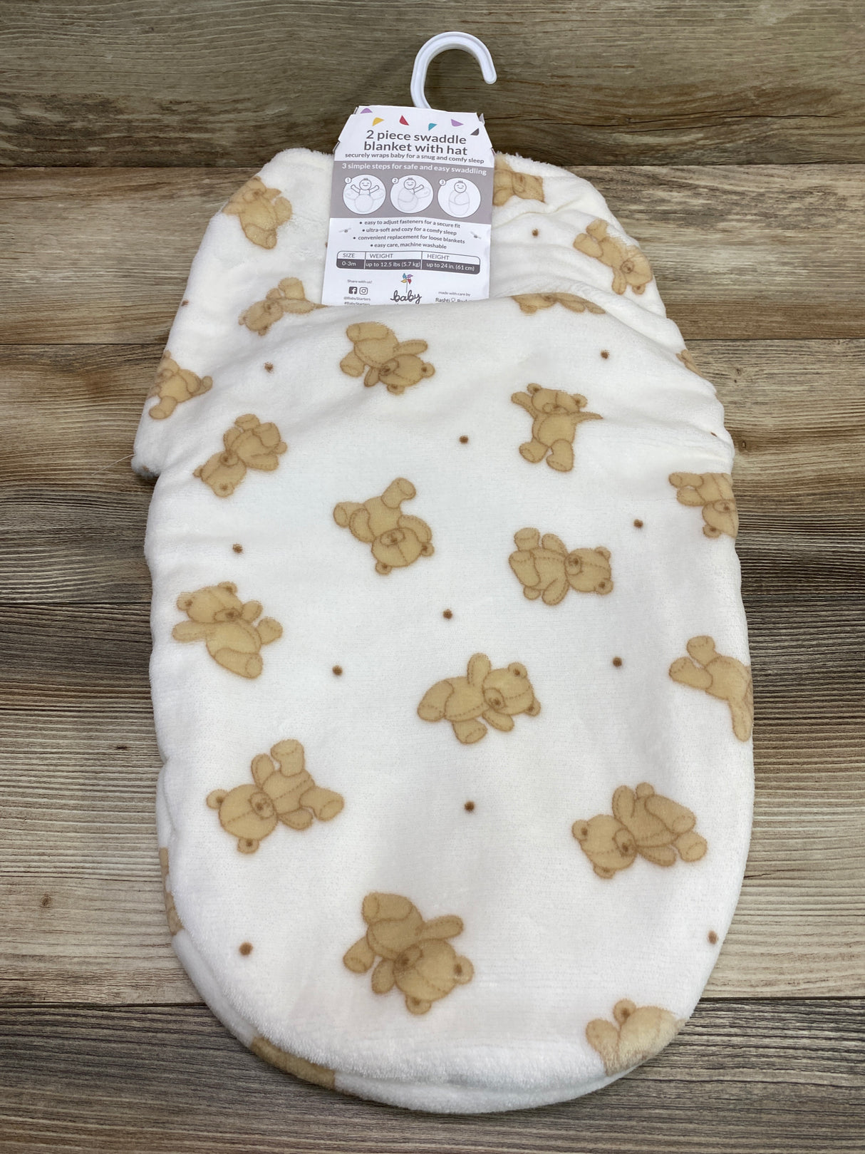 NEW Baby Starters Newborn Wearable Swaddle Blanket with Hat, 0-3M Teddy Bear Brown