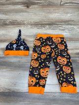 2pc Jack O Lantern Pumpkin Print Pants & Hat Black sz 12-18m