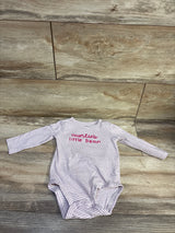 Front view of Carter’s purple Auntie’s Little Bean bodysuit showcasing stripes and long sleeves on wood flooring