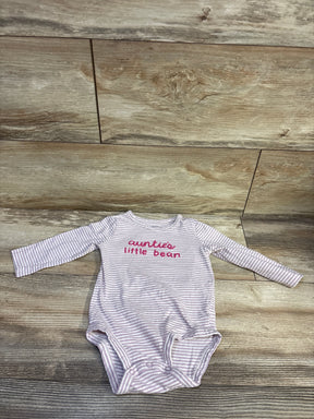 Front view of Carter’s purple Auntie’s Little Bean bodysuit showcasing stripes and long sleeves on wood flooring