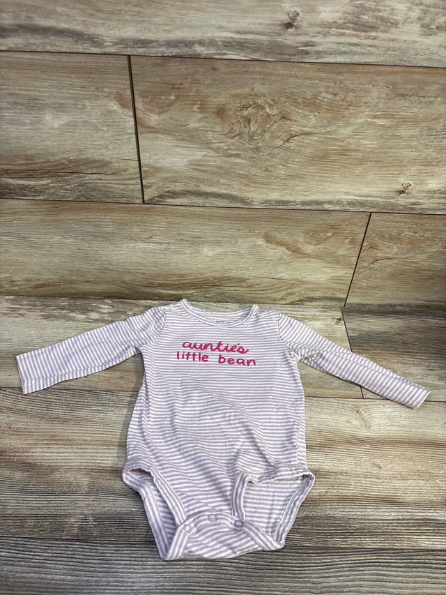 Front view of Carter’s purple Auntie’s Little Bean bodysuit showcasing stripes and long sleeves on wood flooring