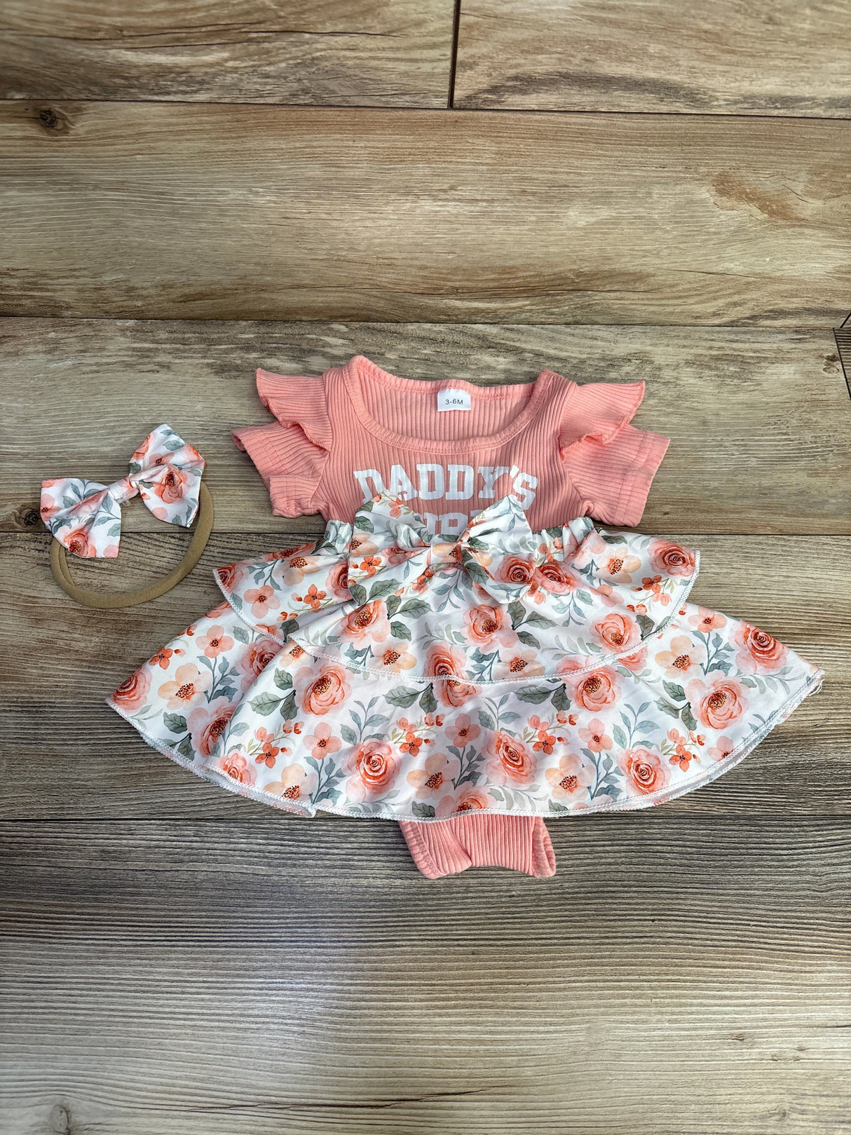 Daddy's Girl 2pc Floral Bodysuit Dress & Headband Pink sz 3-6m