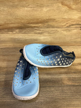 Angled top view of Fires Barefoot water shoes, quick-dry blue, size 11C; perforated upper and white sole on wood background