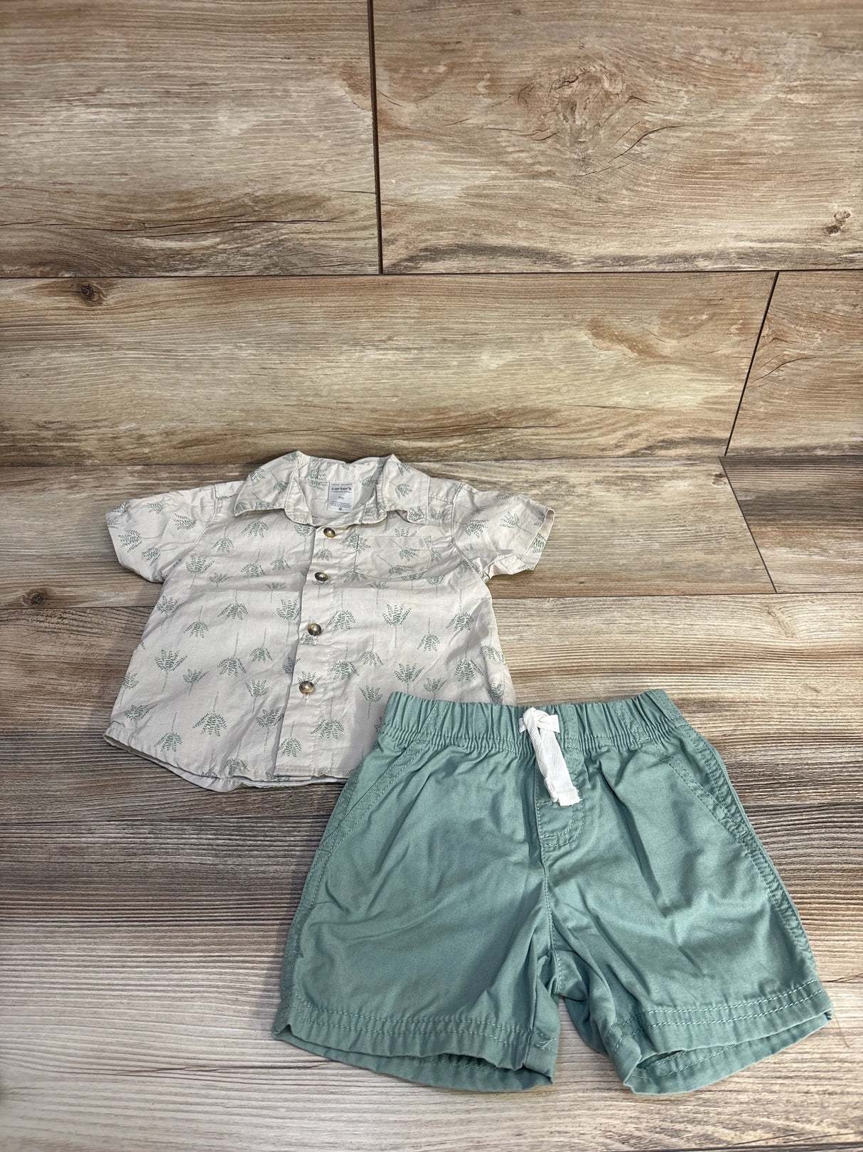 Just One You 2pc Button Up Shirt & Shorts Beige sz 9m