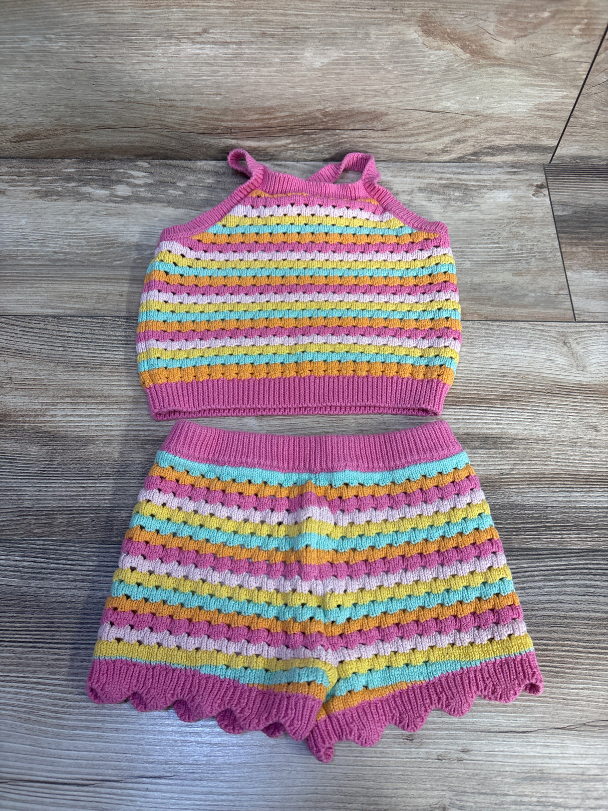 Old Navy 2pc Striped Crochet-Knit Tank Top & Shorts Set Pink sz 18-24m