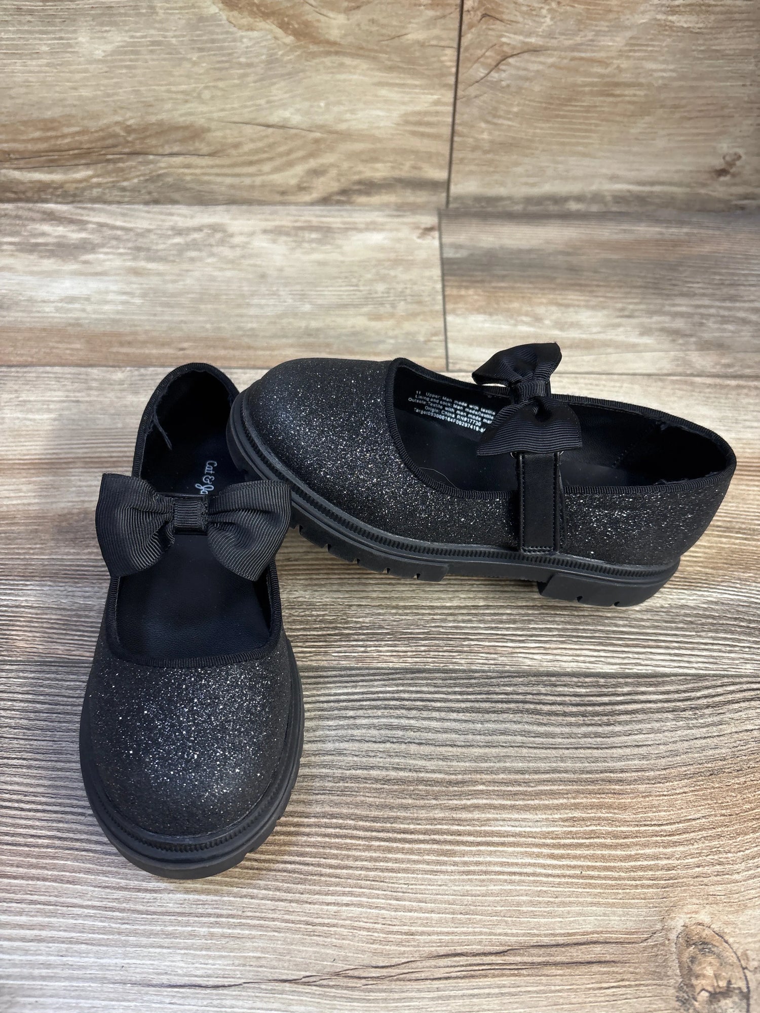 Cat & Jack Kori Lug Sole Mary Jane Flats, Black Glitter sz 11c
