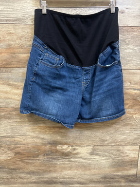 Blue maternity denim shorts with a black full panel waistband by Me n Mommy To Be