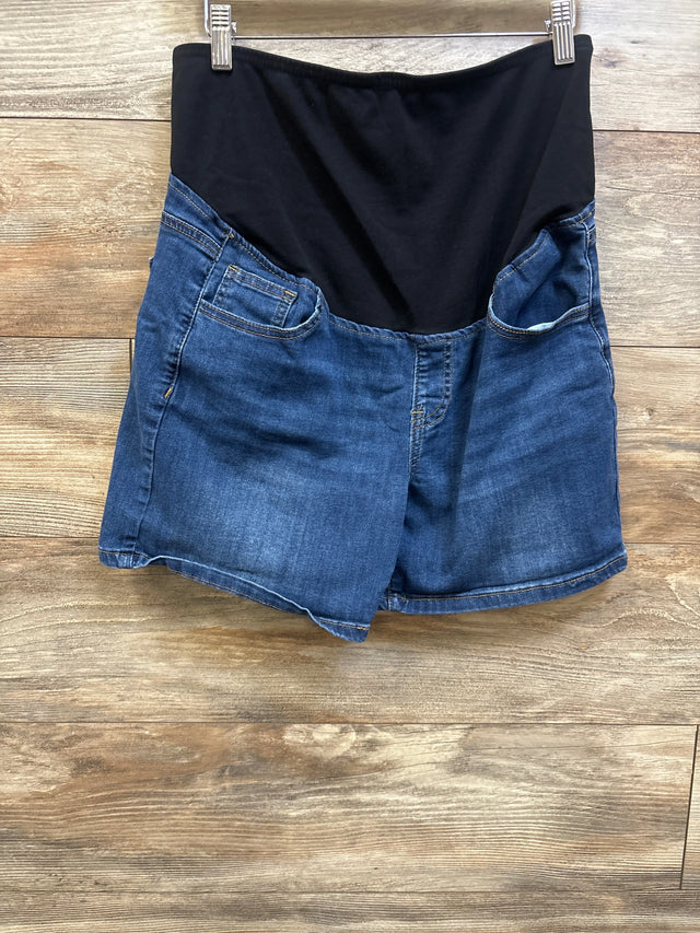 Blue maternity denim shorts with a black full panel waistband by Me n Mommy To Be