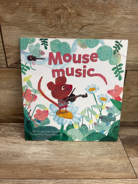 Front view of the Mouse Music hardcover book showcasing illustrated mice playing instruments among flowers on a wood surface