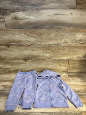 Lavender kids floral hoodie and joggers set on wood floor, cozy children's clothing