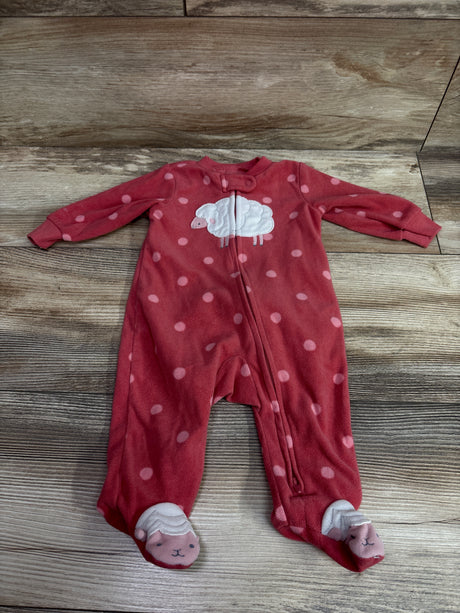 Front view of a Just One You pink 3-month blanket sleeper with polka dots, sheep print, and footed legs on wood flooring