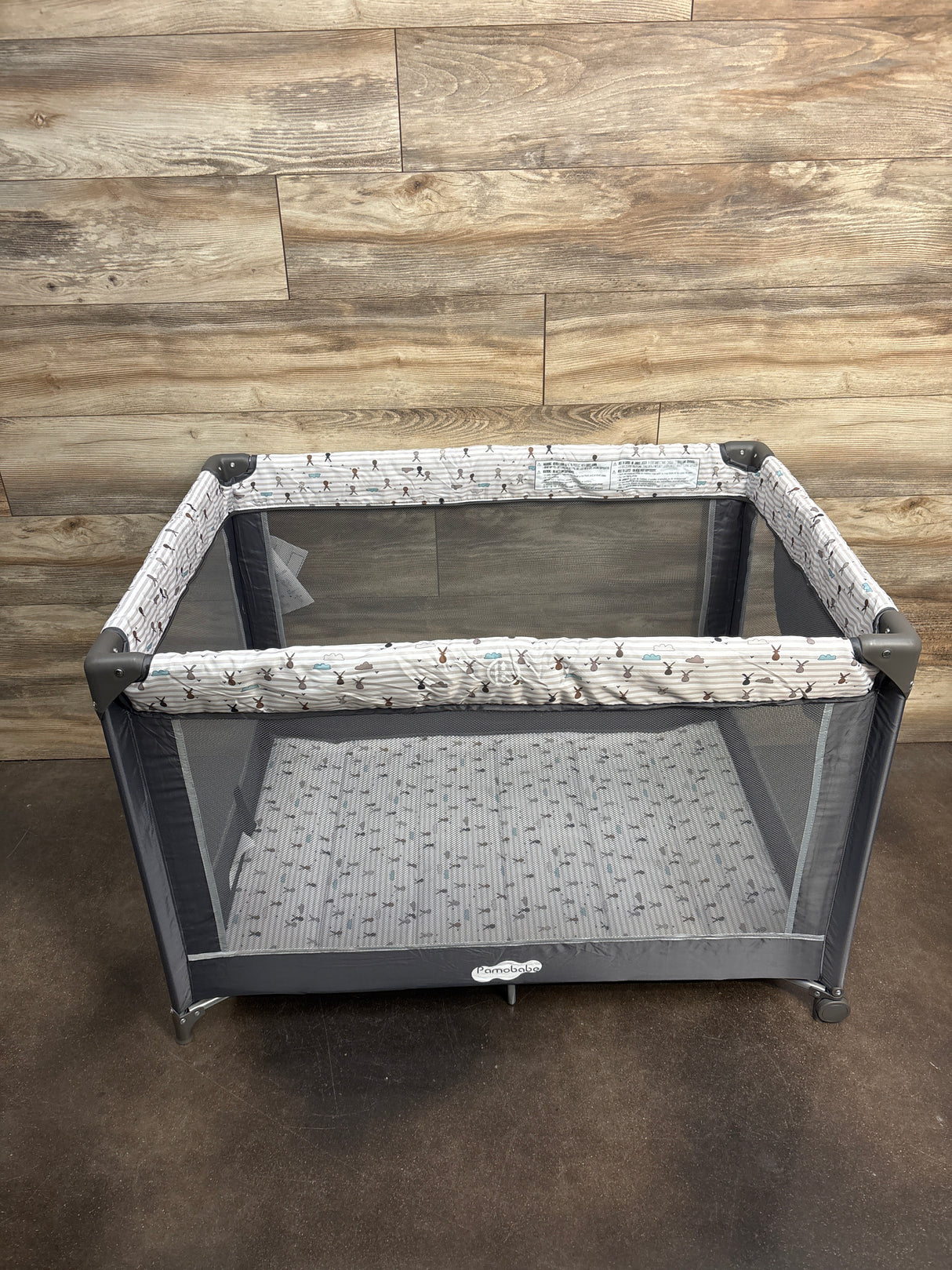 NEW Pamo Babe Portable Playard w/ Mat & Toy Bar, Grey