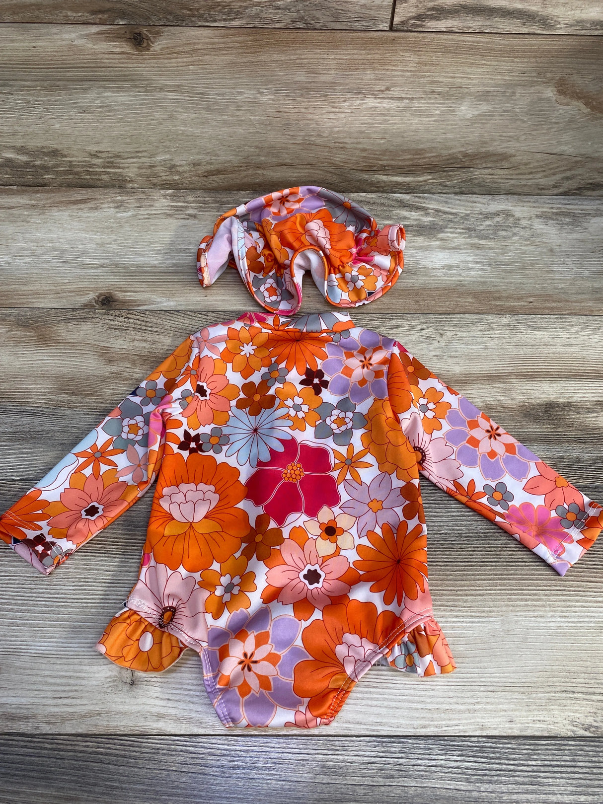2pc Floral Rashguard Swimsuit & Hat Orange sz 6m
