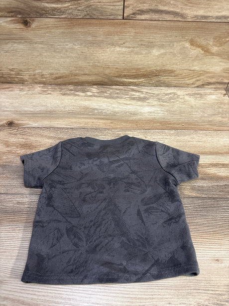 Back view of Shein gray shirt, size 9 to 12 months, with short sleeves and tonal pattern on wood-grain background