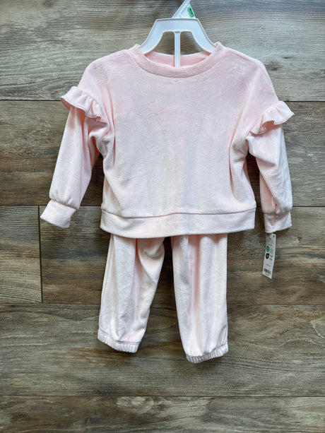 New Carter's 2pc pink velvet sweatshirt with ruffle sleeves and matching joggers set, size 18m