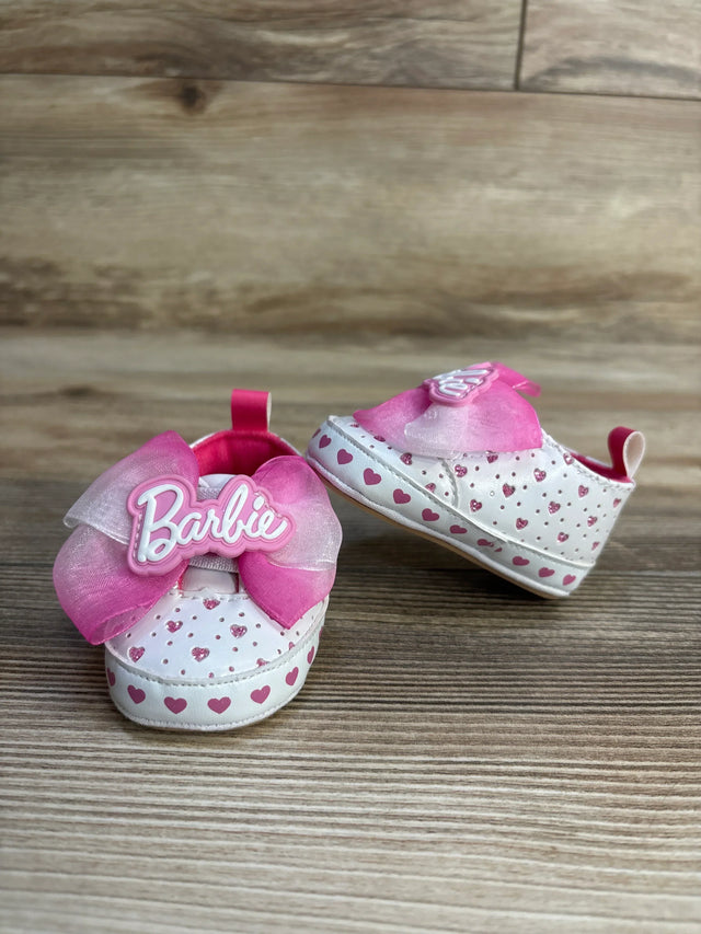 Barbie baby shoes with pink hearts and bows, perfect for little girls