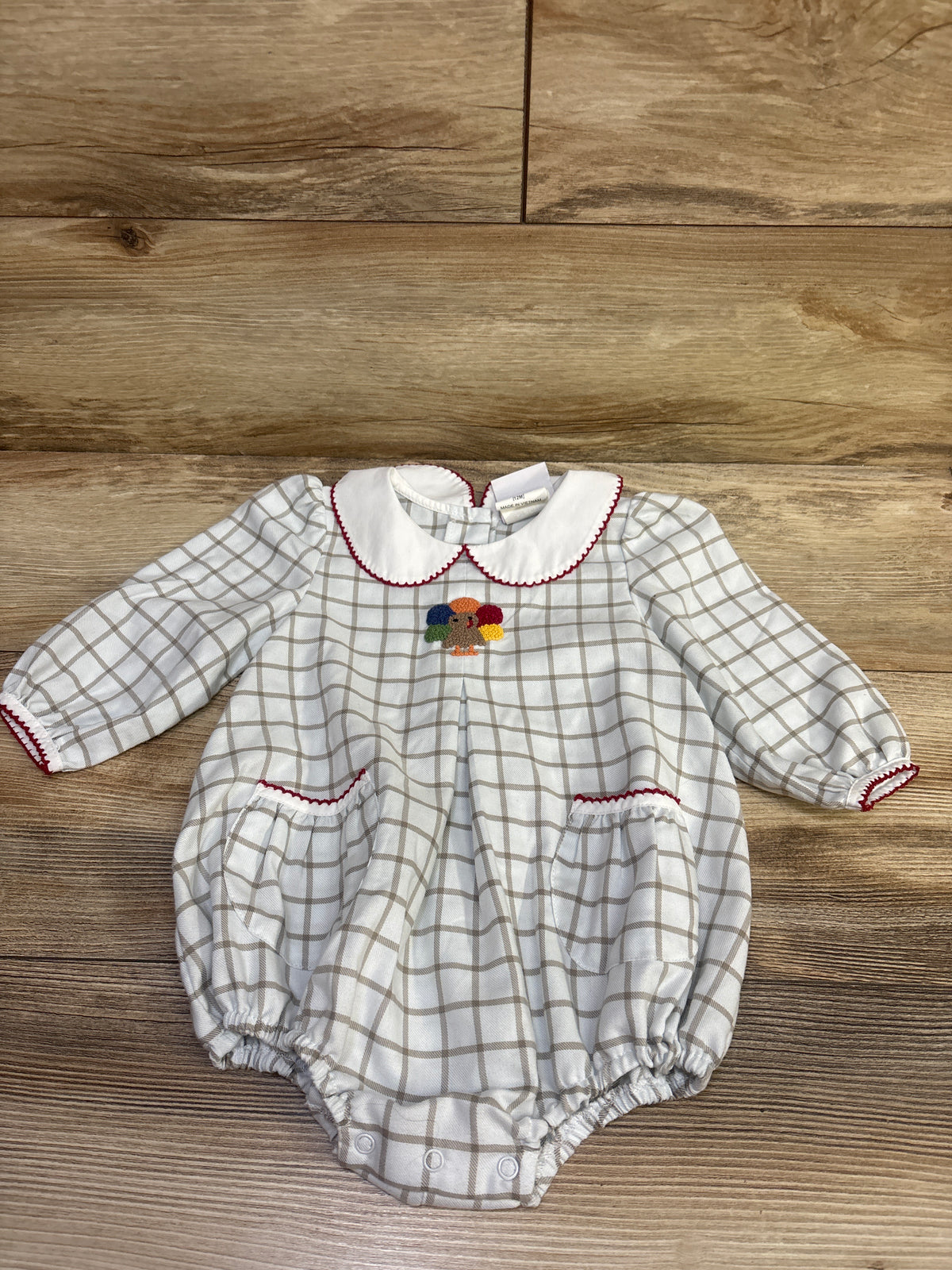 Whimsy Bay Turkey Time Peter Pan Collar Bubble Romper White sz 12m
