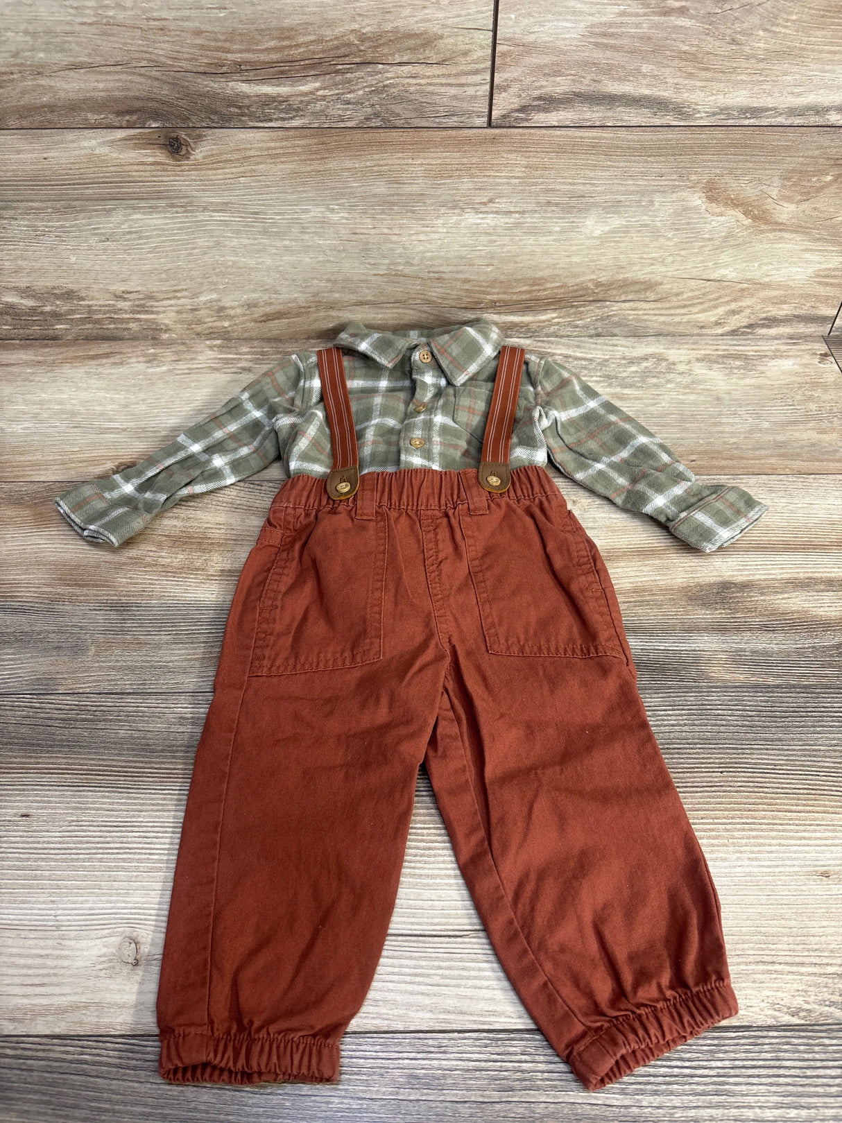 Carter's 2pc Plaid Flannel & Suspender Set Green sz 9m