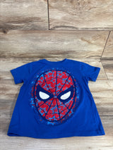 Flat-lay of blue Marvel Spider-Man toddler t-shirt, size 4/5T, showing large red Spider-Man mask graphic on wood floor background