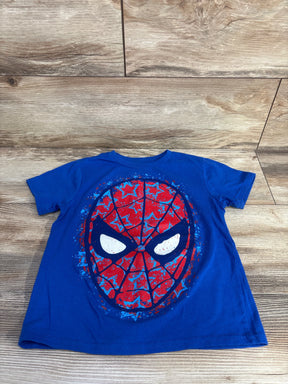 Flat-lay of blue Marvel Spider-Man toddler t-shirt, size 4/5T, showing large red Spider-Man mask graphic on wood floor background
