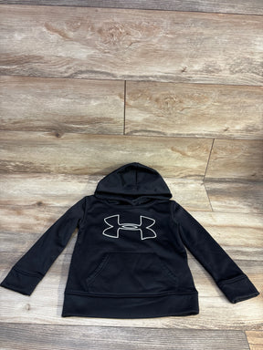 Front view of black Under Armour pullover hooded sweatshirt in size 4T showcasing kangaroo pocket and logo on a wood floor