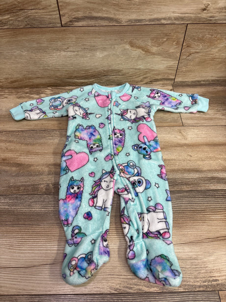 Blue plush blanket sleeper for infants featuring colorful unicorns and animals by Me n Mommy To Be