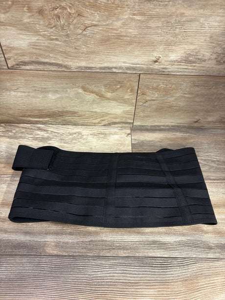 Front view of ChongErfei 3-in-1 pregnancy belly band in black, showing elastic panels and adjustable straps on wood flooring