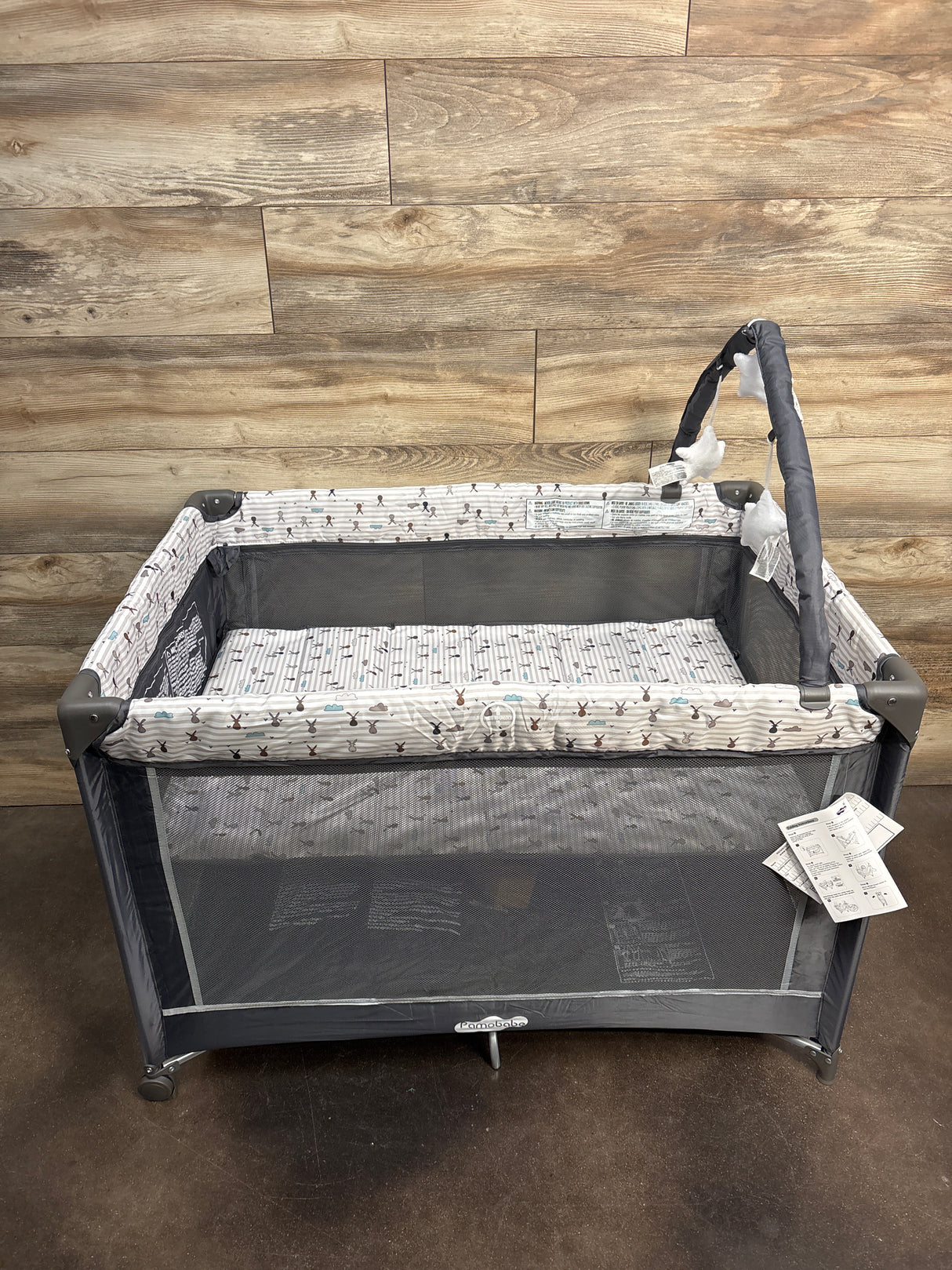 NEW Pamo Babe Portable Playard w/ Mat & Toy Bar, Grey