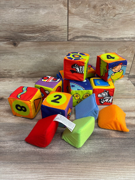 Front view of Melissa & Doug K’s Kids Match and Build Soft Blocks 14pc with colorful numbers, letters, and animals