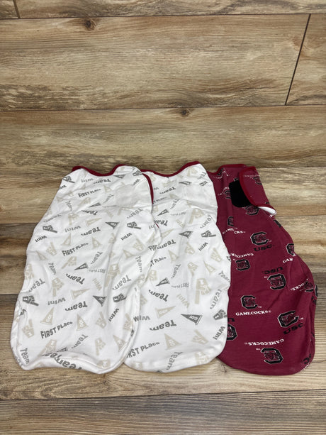 Three South Carolina Gamecocks swaddle wraps, including two white patterned wraps and one maroon team-logo wrap, size 6/9 months