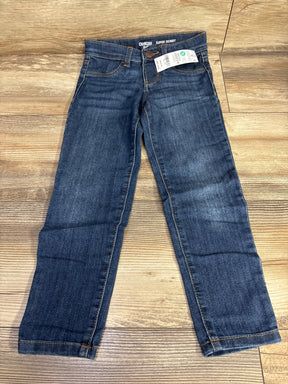 OshKosh children's dark blue super skinny jeans on wood floor, resale kids clothing