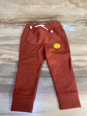 Rust red toddler pants with drawstring waist, reinforced knees, and front pocket on wood background