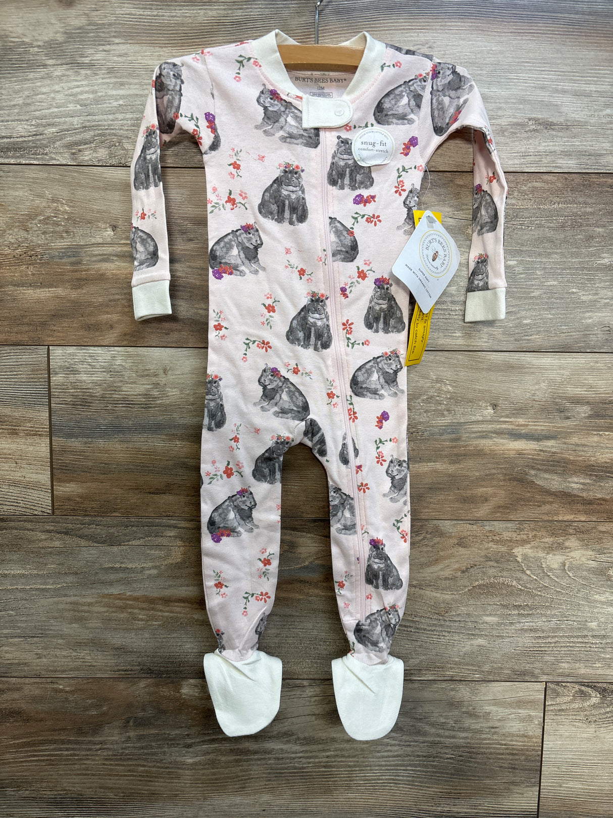 NEW Burt's Bees Baby Hippie Hippos Sleeper Pink sz 12m