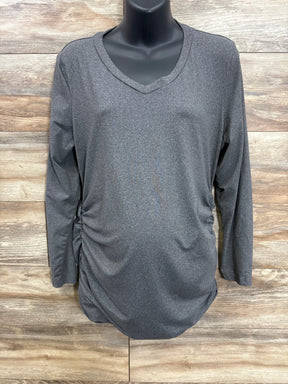 Front view of Ekouaer maternity V-neck long-sleeve shirt in grey, size XL, showcasing left-side ruching on a black mannequin against a wood background