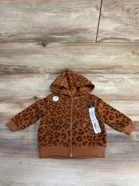 Infant brown leopard print hooded zip-up jacket with tags, laid on wood floor