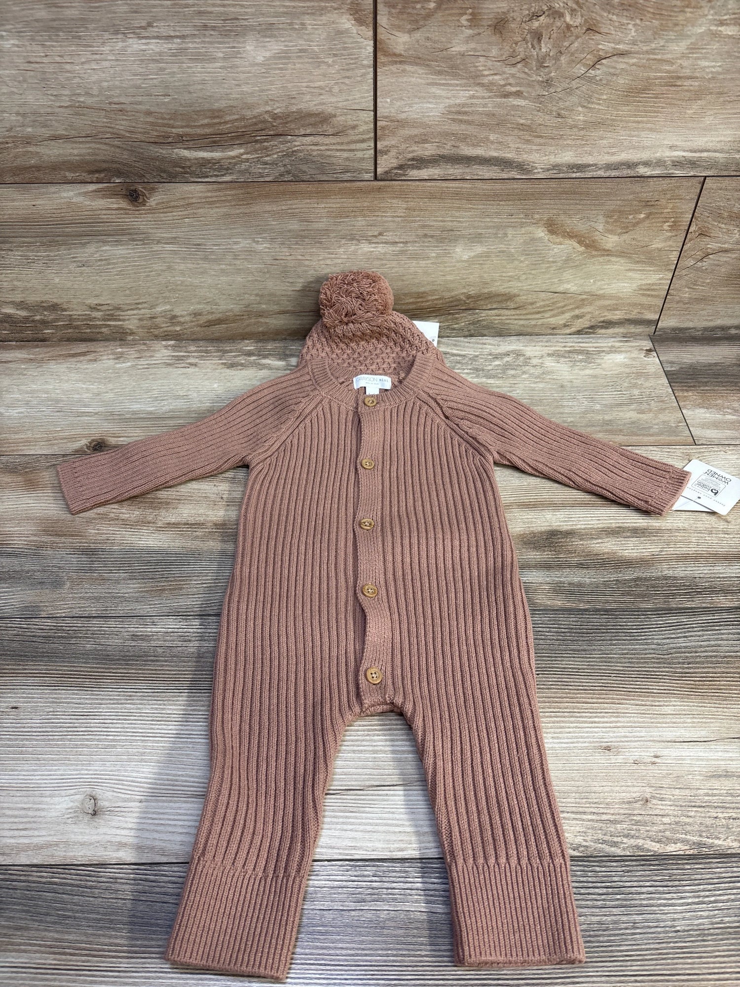 NEW Grayson Mini 2pc Knit Button Coverall & Hat Set Brown sz 3-6m