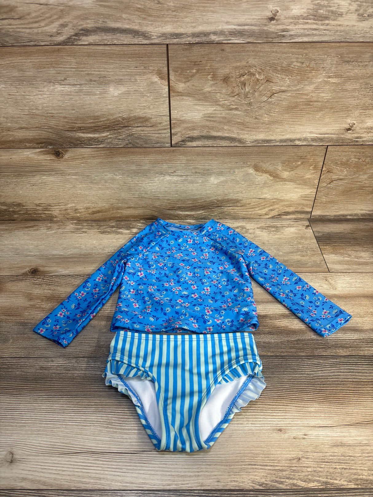 Cat & Jack Long Sleeve 2pc Floral Rash Guard Blue sz 2T