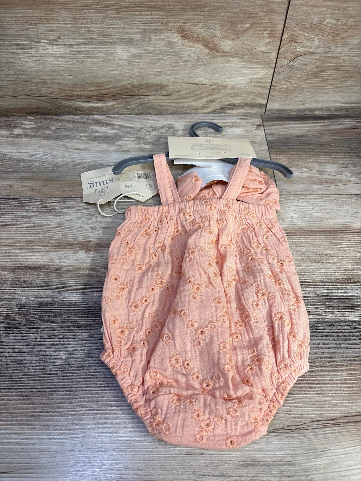 NEW Snug 2pc Embroidered Bubble Romper & Headband Set Peach sz 6-9m