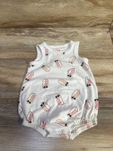 Top-down view of white Cat & Jack bubble romper with repeating hot dog print, sleeveless with elastic leg openings on wood background